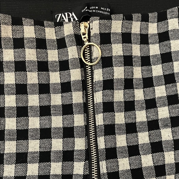 ZARA Black and White Checkered Stretch Pants SZ M Zipper Front - Picture 6 of 14